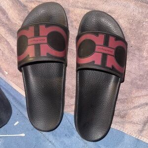 Salvatore Ferragamo Black and Burgundy Slides
